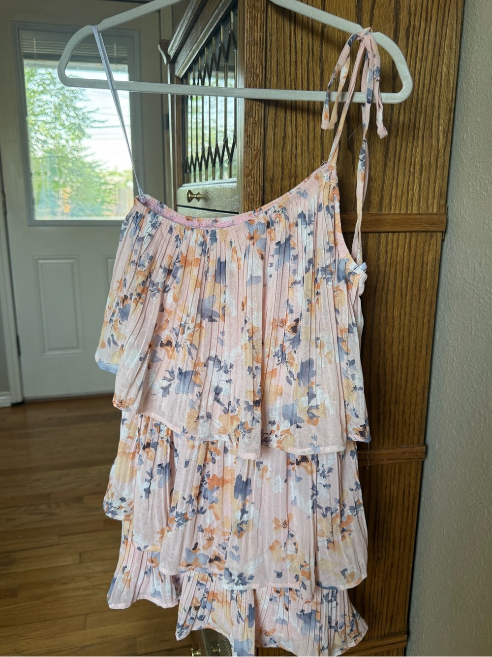 Just Me One-Shoulder Tiered Floral Dress in Blush, Peach & Slate